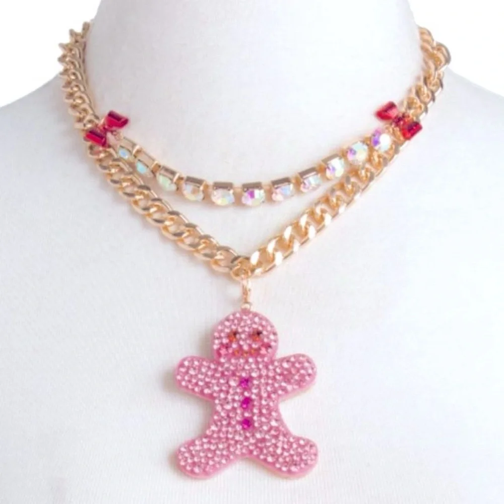 NWT Betsey Johnson Pink Gingerbread Ornament Holiday Necklace Gold